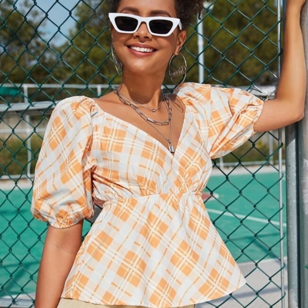 Surplice Neck Tartan Peplum Top